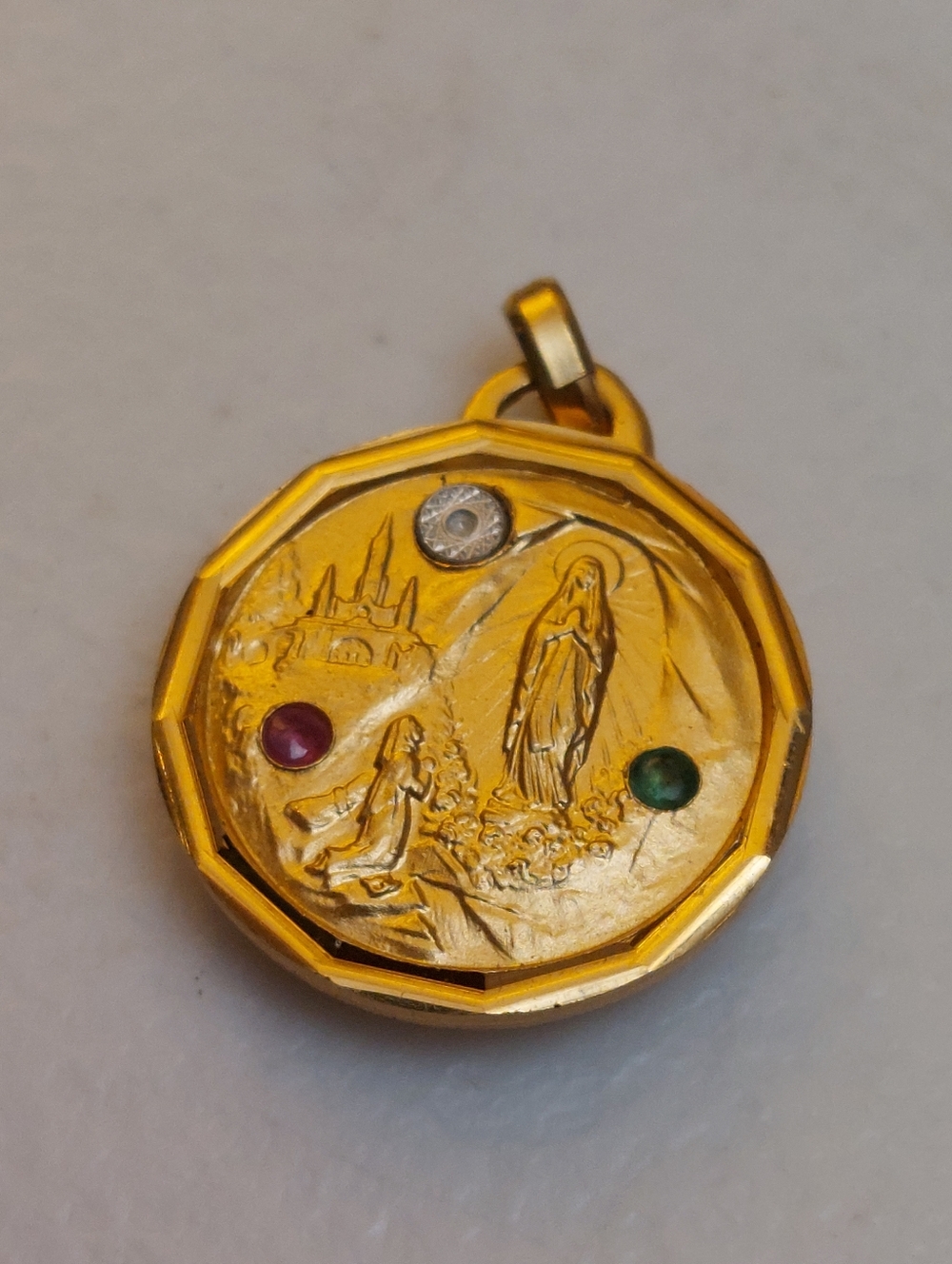 Vtg Our Lady of Lourdes Reliquaire Relique Medal Pendant Emerald Ruby Diamond